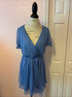 Blue Swiss Dot Wrap Mini Dress
